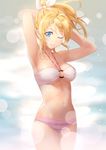  &gt;:) ;) armpits arms_behind_head arms_up ayase_eli bandeau bikini blonde_hair blue_eyes bow cowboy_shot hair_bow lens_flare long_hair looking_at_viewer love_live! love_live!_school_idol_project midriff navel o-ring o-ring_top one_eye_closed ponytail redame shiny shiny_skin smile solo standing striped_bikini_bottom swimsuit thigh_gap v-shaped_eyebrows 