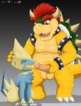 balls blush bowser caressing cum cum_in_mouth cum_inside cumshot duo ejaculation eyes_closed hair holding_head male male/male manectric mario_bros masturbation nintendo open_mouth orgasm penis pok&eacute;mon red_eyes red_hair shell sitting spikes standing video_games winick-lim 