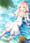  ameshizuku_natsuki animal animal_on_head arm_support bare_shoulders blonde_hair blue_eyes breasts clenched_hand crab day dress fate/grand_order fate_(series) frills long_hair looking_at_viewer marie_antoinette_(fate/grand_order) marie_antoinette_(swimsuit_caster)_(fate) on_head open_mouth partially_submerged sandals sitting small_breasts solo sundress twintails water wet wet_clothes white_dress 