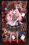  ace_of_spades alice_(wonderland) alice_in_wonderland bangs black_bow blue_eyes blunt_bangs bow card center_frills commentary_request cross-laced_clothes curly_hair flower frills full_body gothic_lolita hair_bow heart highres himemurasaki holding holding_wand joker king_of_diamonds lolita_fashion long_hair looking_at_viewer mary_janes original pantyhose pink_hair playing_card pool_of_blood puffy_short_sleeves puffy_sleeves red_bow red_flower red_footwear red_rose ribbon_trim rose shoes short_sleeves solo standing striped striped_legwear wand 
