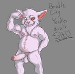  anthro balls biceps blind_eye carpe_mortem chin_tuft ear_piercing english_text erection flexing fur grin humanoid_penis kled_(lol) league_of_legends male musclegut nipples nude penis piercing scar solo standing teeth text uncut video_games white_fur yordle 