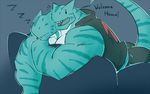 2014 2_heads anthro biceps big_biceps black_clothing black_pants blue_background blue_markings blue_scales blue_theme blue_tongue clothing colored cute dex_&amp;_sin dragon duo english_text happyending hoodie hydra hyper hyper_muscles long_tail looking_at_viewer lying male manly marine markings multi_head muscular muscular_male pants pecs scales scalie shaded simple_background sleeping smile snout teeth text toony white_scales 