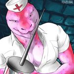  breasts button_(disambiguation) catherine_(gregory_horror_show) cleavage clothed clothing feazelbal female gregory_horror_show grin hypodermic_needle lizard looking_at_viewer needle nurse red_eyes reptile scalie shirt solo tagme tongue tongue_out 