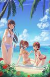  3girls ;d akino_komichi all_fours arm_support artist_name beach bikini bikini_skirt black_eyes black_hair blue_eyes blush breasts brown_eyes brown_hair cleavage cloud cloudy_sky dated day flower front-tie_top hair_flower hair_ornament hair_scrunchie hairband highres idolmaster idolmaster_cinderella_girls igarashi_kyouko kobayakawa_sae long_hair looking_at_viewer multiple_girls navel ocean one_eye_closed open_mouth outdoors ponytail sakuma_mayu scrunchie shore short_hair side-tie_bikini side_ponytail signature sky small_breasts smile swimsuit thigh_gap 