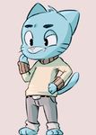  anthro belt blue_fur buckle cartoon_network cat clothing dandi_(artist) fangs feline fur gumball_watterson mammal pants shota simple_background solo son sweater the_amazing_world_of_gumball young 