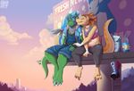  2016 3_toes 5_fingers anthro billboard blue_eyes clothed clothing cuddling day detailed_background digital_media_(artwork) dinosaur duo eyes_closed female hi_res horn kabier kissing male midriff outside raptor scalie sitting sky theropod toes vergence 
