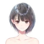  black_hair blue_reflection brown_eyes closed_mouth collarbone expressionless kishida_mel looking_at_viewer official_art portrait shirai_hinako short_hair simple_background solo white_background 