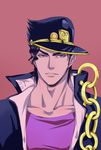  black_hair blue_eyes chain collarbone earrings gakuran hat highres jewelry jojo_no_kimyou_na_bouken kuujou_joutarou male_focus pink_background school_uniform solo stardust_crusaders stud_earrings tanako_(645316096) upper_body 