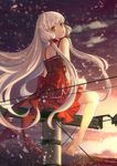  air_(air_end) barefoot bow brown_eyes chii chobits from_behind full_body highres long_hair looking_at_viewer looking_back open_mouth outdoors power_lines red_bow red_skirt sidelocks sitting skirt solo sunset telephone_pole very_long_hair white_hair 