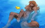  abs anthro big_breasts breasts brown_fur brown_hair canine chest_tuft claws digitigrade ears_back eyes_closed featureless_breasts female foot_focus fur hair invalid_tag keidran long_hair lying mammal natani nude on_back one_leg_up outside partially_submerged pawpads paws raised_leg rubber_duck skinny_dipping smile solo toe_claws toe_curl tom_fischbach tuft twokinds water wet wolf 
