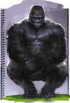  2016 5_toes abs anthro ape biceps big_muscles black_fur covering covering_crotch crouching digital_media_(artwork) digital_painting_(artwork) front_view full-length_portrait fur gorilla grass hi_res looking_at_viewer male mammal muscular muscular_male notebook nude pecs portrait primate simple_background solo toes yy6241 
