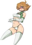  adapted_costume breasts breasts_apart brown_eyes brown_hair covered_nipples glasses hair_over_one_eye highres hyakujuu-ou_golion medium_breasts navel perky_breasts pidge_gunderson short_hair slugbox solo stomach thighhighs thong voltron:_legendary_defender 