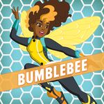  1girl brown_eyes brown_hair bumble_bee character_name dark_skin dc_comics flying honeycomb_pattern insect_wings karen_beecher long_sleeves open_mouth smile solo two-tone_hair wings 