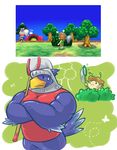  2014 animal_crossing anthro arm_tuft armor avian beak big_biceps bird blue_feathers bottomless clothed clothing colored crossed_arms cute dot_eyes duo eagle feathers front_view happyending helmet huge_muscles human light male mammal manly muscular muscular_male nintendo outside red_clothing shaded shirt standing sterling_(animal_crossing) tail_feathers toony unconvincing_armor video_games yellow_beak 