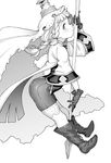  aya_shachou bangs bike_shorts blush boots braid bridal_gauntlets cape closed_mouth filasopila gloves granblue_fantasy greyscale harvin highres holding horn leotard long_hair looking_to_the_side monochrome profile simple_background solo staff tareme twin_braids white_background 