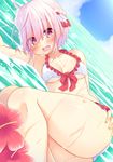  absurdres ahoge asa_no_ha blush breasts cyclamen_(flower_knight_girl) flower_knight_girl highres hips legs looking_at_viewer open_mouth pink_hair short_hair small_breasts solo swimsuit 