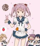  ahoge akebono_(kantai_collection) animal animal_on_hand apron bandaid bandaid_on_face bangs bell black_hair bow bunny bunny_hair_ornament chibi closed_eyes commentary_request flower food fruit hair_bell hair_bobbles hair_flower hair_ornament hand_on_hip hand_up hands_together heart implied_pantyshot jingle_bell kantai_collection light_brown_hair long_hair looking_at_viewer multiple_girls oboro_(kantai_collection) otoufu pink_background pink_eyes pink_hair pleated_skirt pointer purple_hair sazanami_(kantai_collection) school_uniform serafuku short_hair short_sleeves side_ponytail sidelocks sketch skirt skirt_lift smile strawberry translation_request twintails ushio_(kantai_collection) wrist_cuffs 