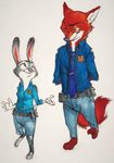  canine clothed clothing disney duo female fox judy_hopps lagomorph male mammal monoflax nick_wilde one_eye_closed police_uniform rabbit simple_background uniform white_background wink zootopia 