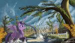  auroriia creek cutie_mark day detailed_background equine feathered_wings feathers fence friendship_is_magic horn mammal my_little_pony outside purple_eyes purple_feathers solo tree twilight_sparkle_(mlp) water winged_unicorn wings 