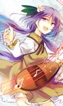  :d beamed_eighth_notes biwa_lute brown_dress commentary_request cowboy_shot dress eighth_note flower hair_flower hair_ornament instrument kutsuki_kai leaf long_hair long_sleeves looking_at_viewer low_twintails lute_(instrument) musical_note open_mouth purple_eyes purple_hair sharp_sign smile solo staff_(music) touhou tsukumo_benben twintails 