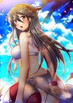  arm_behind_back arms_at_sides ass bikini black_hair breasts clenched_hand from_behind hair_between_eyes hairband halter_top halterneck haruna_(kantai_collection) innertube kantai_collection large_breasts long_hair midriff ocean open_mouth outdoors sarong solo suou_sakura swimsuit thighs tree under_tree water white_bikini yellow_eyes 