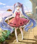  :o ahoge blue_eyes blue_hair blueberry blush chair cloud day dress eyebrows eyebrows_visible_through_hair flower food fruit full_body hair_flower hair_ornament hatsune_miku head_tilt highres kneehighs long_hair looking_at_viewer outdoors petticoat pigeon-toed plant plate potted_plant railing red_dress revision shoes silhouette sky solo standing strawberry table twintails very_long_hair vocaloid white_footwear yue_yue 