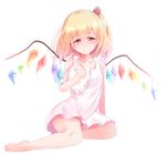  absurdres alternate_costume barefoot blonde_hair blush bow closed_mouth crystal flandre_scarlet hair_bow highres red_eyes septet_(zrca_janne) side_ponytail sitting solo touhou wings yokozuwari 