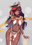  1girl ahoge animal_ear_fluff animal_ears bangs black_hair breasts cape cat_ears catxuan collar cowboy_shot curvy dark_skin dutch_angle egyptian egyptian_clothes facial_mark gold highres jewelry long_hair long_skirt looking_at_viewer medium_breasts necklace original pelvic_curtain red_eyes see-through skirt solo veil very_long_hair 