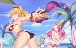 ass assisted_exposure bikini bikini_top_removed blonde_hair blue_eyes blue_hair blush breasts clothes_theft cloud covering covering_breasts crossed_arms day eating embarrassed fiodo flower food fruit glasses hair_flower hair_ornament hat large_breasts long_hair looking_at_viewer multiple_girls navel one_eye_closed open_mouth original pink_eyes pink_hair ponytail sky smile swimsuit swimsuit_theft theft tossing tree v watermelon 
