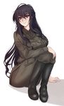  :d arm_support bad_id bad_pixiv_id beatrix_bremer belt black_footwear black_hair boots breasts full_body green_kaminari highres knees_up large_breasts long_hair looking_at_viewer military military_uniform muvluv open_mouth red_eyes schwarzesmarken sidelocks sitting smile solo uniform v-shaped_eyebrows very_long_hair white_background 