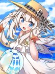  ball beachball blue_eyes cloud day dress eyebrows eyebrows_visible_through_hair fate/grand_order fate_(series) hat long_hair looking_at_viewer looking_to_the_side marie_antoinette_(fate/grand_order) marie_antoinette_(swimsuit_caster)_(fate) ohitashi_netsurou open_mouth outdoors sand sky solo starfish water white_dress 