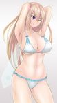  ;t absurdres amagi_brilliant_park armpits arms_behind_head arms_up bad_id bad_pixiv_id bikini blonde_hair blue_eyes blush breasts cleavage closed_mouth commentary cowboy_shot fairy_wings green_kaminari groin highres large_breasts long_hair looking_away navel one_eye_closed solo stomach stretch swimsuit sylphy_(amaburi) underboob white_bikini wings 