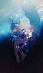  artist_name barefoot blue_hair detached_sleeves earrings floating_hair hatsune_miku highres jewelry knees_together_feet_apart long_hair mivit pleated_skirt profile skirt solo star star_earrings submerged text_focus twintails underwater vocaloid 