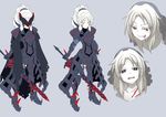 armor blonde_hair character_sheet dark_persona fate/apocrypha fate_(series) full_body heart heart-shaped_pupils mordred_(fate) mordred_(fate)_(all) multiple_views ogawa_shou ponytail sword symbol-shaped_pupils veil visor weapon yellow_eyes 