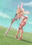  animal_ears animal_print armor armored_boots bad_id bad_pixiv_id bare_shoulders bikini_armor blonde_hair boots bunny_ears bunny_print bunny_tail cloud day fake_animal_ears field floating_hair full_body grass greaves hands_together head_rest highres holding holding_sword holding_weapon knee_pads leaning_forward long_hair looking_at_viewer metal_boots navel navel_cutout original outdoors pigeon-toed pink_armor pink_footwear planted_sword planted_weapon ponytail red_eyes satyuas scrunchie sidelocks sideways_glance sky smile solo stomach sword tail thigh_boots thigh_gap thighhighs vambraces weapon wind 