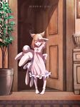  animal_ears bad_id bad_pixiv_id bare_shoulders brown_eyes door dress flower_pot frilled_skirt frilled_sleeves frills hand_up highres holding holding_stuffed_animal long_hair night_clothes original plant red_eyes satyuas shading_eyes skirt solo stuffed_animal stuffed_bunny stuffed_toy 