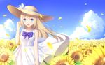  bare_arms bare_shoulders blonde_hair blue_eyes bow bowtie cloud commentary_request day dress flower hat highres ji_dao_ji lexington_(zhan_jian_shao_nyu) long_hair looking_at_viewer open_mouth outdoors sky straw_hat sun_hat sundress sunflower white_dress zhan_jian_shao_nyu 