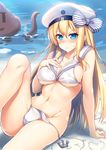  &gt;:( alternate_costume arm_support beach bikini bismarck_(kantai_collection) blonde_hair blue_eyes blush breasts cleavage collarbone cosplay day frown groin hair_between_eyes hand_on_own_chest hat heart highres kantai_collection knee_up large_breasts looking_at_viewer md5_mismatch navel outdoors raiou sailor_bikini sailor_collar sand sand_writing sideboob sitting solo stomach sweatdrop swimsuit thighs underboob untied untied_bikini v-shaped_eyebrows water white_bikini white_hat z3_max_schultz_(kantai_collection) z3_max_schultz_(kantai_collection)_(cosplay) 