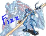  2014 3_fingers 3_toes abs anthro biceps big_muscles blue_markings blue_scales colored digital_drawing_(artwork) digital_media_(artwork) fin fish fizz_(lol) green_eyes hair hi_res holding_object holding_weapon league_of_legends light long_hair long_tail male manly marine markings melee_weapon muscular muscular_male nalintj nude pecs polearm riot_games scales scalie serratus shaded shadow simple_background smile standing teeth tentacle_hair tentacles toes trident video_games weapon white_background white_scales 