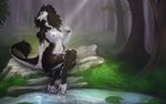  black_fur breasts brown_fur female forest fur multicolored_fur nipples nude sal-sal sergal sitting smile solo tree white_fur 