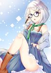  ass bare_legs blue_dress breasts cleavage dress dress_lift glasses hair_ornament hairclip highres holding looking_at_viewer marker mashiro_aa okitegami_kyouko okitegami_kyouko_no_bibouroku open_mouth purple_eyes scarf short_hair sitting small_breasts solo white_hair 
