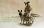  african_wild_dog brown_skirt chain dog full_body hat highres leash matajirou_(matagiro) monochrome mount_kilimanjaro mountain original outdoors painted_dog pouch sepia skirt standing 