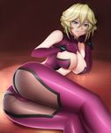  5ht ass blonde_hair blue_eyes bodysuit breasts carol_malus_dienheim center_opening cleavage collarbone elbow_gloves gloves hand_on_own_chest hand_on_own_chin highres large_breasts looking_at_viewer lying mole mole_under_eye older on_side purple_bodysuit senki_zesshou_symphogear short_hair skin_tight smile solo sweat 