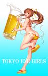  alcohol ass back bare_legs beer beer_mug bikini blush breasts brown_eyes brown_hair commentary_request cup from_behind full_body gaien_nozomi hair_ribbon highres holding holding_cup large_breasts long_hair looking_at_viewer looking_back open_mouth oversized_object ponytail ribbon sandals shimashima08123 side-tie_bikini solo swimsuit tachi-e tokyo_exe_girls untied untied_bikini very_long_hair yellow_bikini 