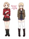  bangs blonde_hair blue_eyes bomber_jacket breasts commentary cosplay costume_switch cup darjeeling denim denim_shorts epaulettes full_body girls_und_panzer grey_eyes hair_down hair_up hands_in_pockets heart holding holding_cup ilhi jacket kay_(girls_und_panzer) looking_at_another medium_breasts military military_uniform multiple_girls open_clothes open_jacket parted_bangs pleated_skirt red_jacket saucer saunders_military_uniform school_uniform shirt shorts skirt smile st._gloriana's_military_uniform t-shirt teacup thighhighs translated uniform white_background white_legwear 