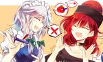  apple blush bow chain collar collarbone earth_(ornament) food fruit hair_bow hecatia_lapislazuli izayoi_sakuya knife kutsuki_kai maid_headdress multiple_girls polos_crown red_hair shaking_head silver_hair smile spoken_food spoken_object spoken_x sweat touhou 