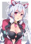  :d ahoge breasts cleavage collarbone innocent_cluster large_breasts long_hair looking_at_viewer matoi_(pso2) milkpanda open_mouth phantasy_star phantasy_star_online_2 red_eyes smile solo twintails v_arms white_hair 