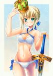  artoria_pendragon_(all) artoria_pendragon_(swimsuit_archer) bikini blonde_hair braid crown fate/grand_order fate/stay_night fate_(series) green_eyes long_hair marker_(medium) navel solo standing swimsuit sword traditional_media weapon yuto_takumi 