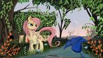  auroriia blue_eyes cutie_mark day detailed_background equine eyelashes feathered_wings feathers female feral flower fluttershy_(mlp) friendship_is_magic grass hair hooves mammal my_little_pony outside pegasus pink_hair plant solo standing tree wings yellow_feathers 