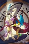  2016 antlers black_hair brown_fur claws clock cutie_mark discord_(mlp) draconequus duo equine eyes_closed eyewear feathered_wings feathers female feral fluttershy_(mlp) friendship_is_magic fur glasses grey_fur hair horn horse hug male mammal my_little_pony old pink_hair pony seanica wings yellow_fur 